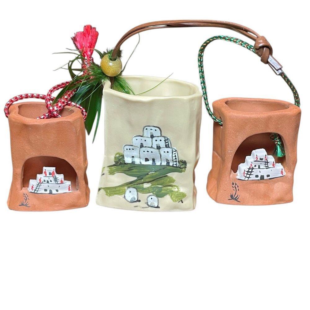 Lot of 3 Native American Luminaria Paper‎ Bag Pottery Signed Southwest Ornaments